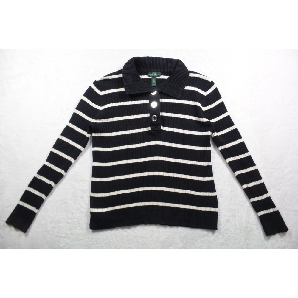 LRL Ralph Lauren Top Womens Size Medium Black Striped Long Sleeve 1/4 Button